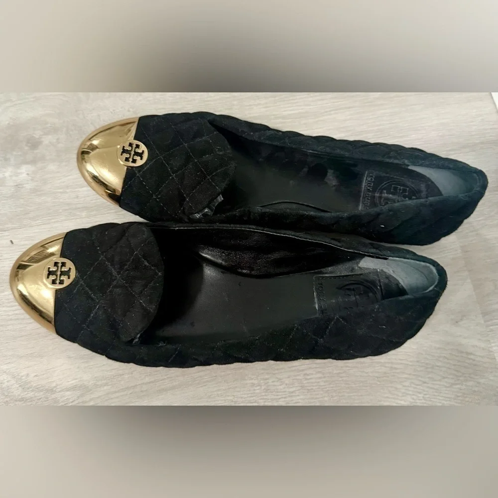 Tory Burch Womens Kaitlin Quilted Suede Smoking Slipper Flat Black-Bronze Size 7